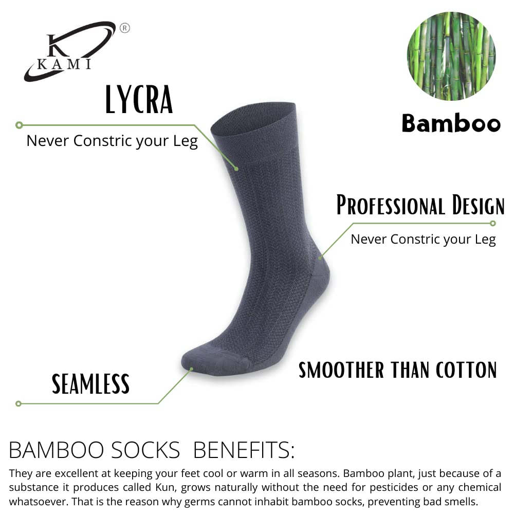 K KAMI ® Men's Bamboo Socks, Toe Business Casual Formal socks, 4 Pairs, Fit Shoe Size 39-40